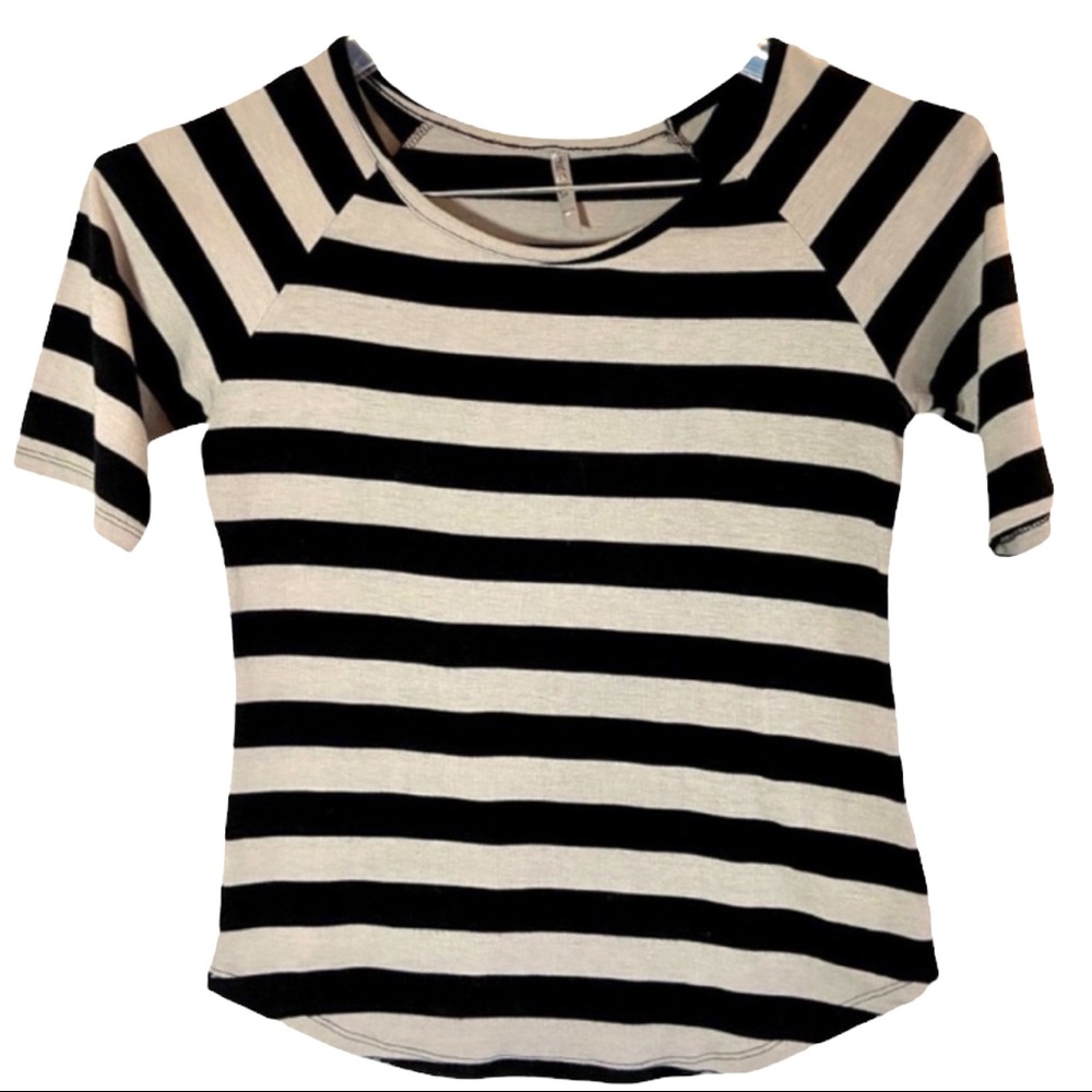 Heart & Hips Black & Gray Striped Raglan Sleeve Fitted Tee Size Medium